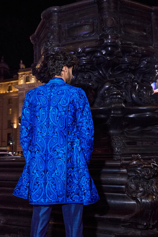 Seema Gujral - Blue Thread Work Sherwani Set