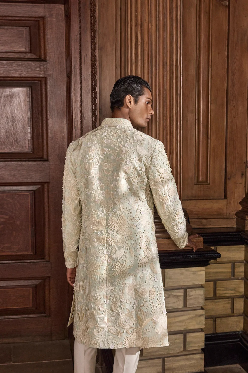 Seema Gujral - Sea Green Three Dimensional Floral Sherwani Set