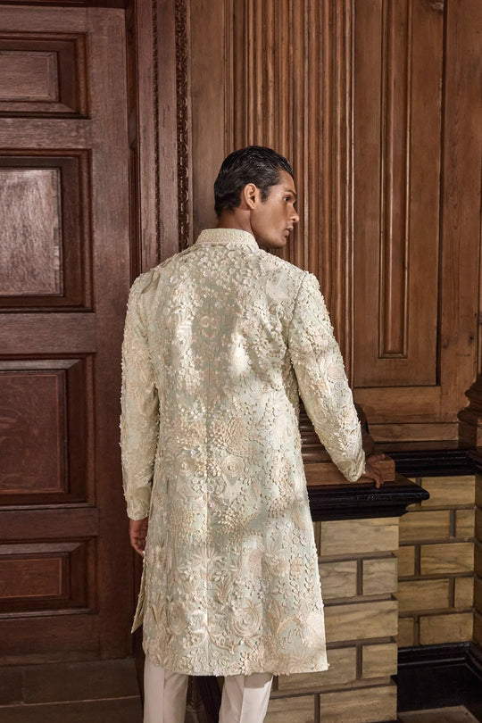Seema Gujral - Sea Green Three Dimensional Floral Sherwani Set