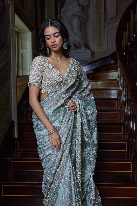 Seema Gujral - Ivory Sage Zardosi Saree