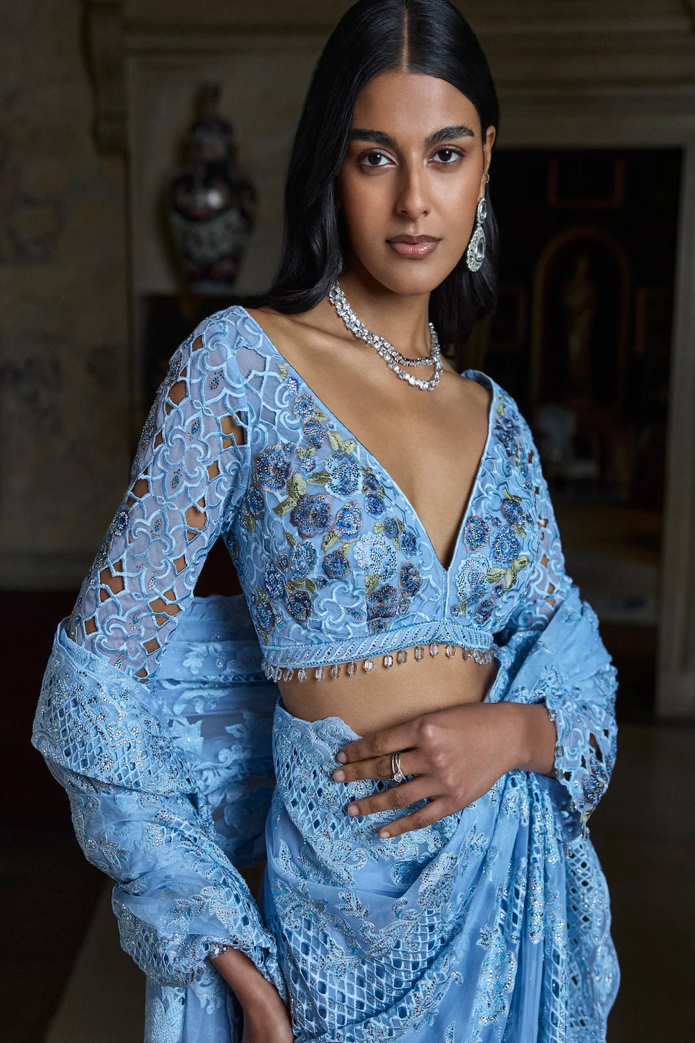 Seema Gujral - Powder Blue Thread Work Saree