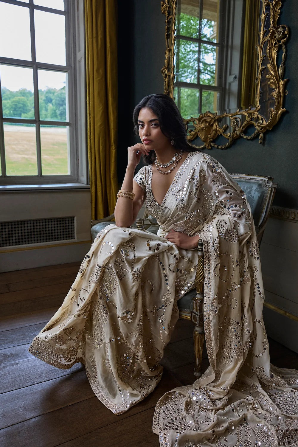 Seema Gujral - Beige Mirror Work Saree
