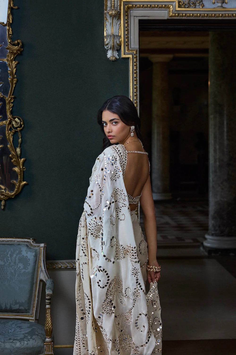 Seema Gujral - Beige Mirror Work Saree