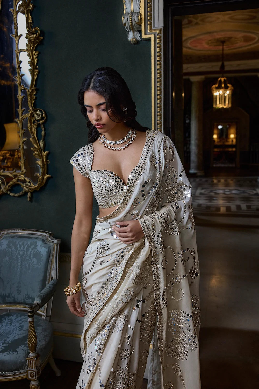 Seema Gujral - Beige Mirror Work Saree