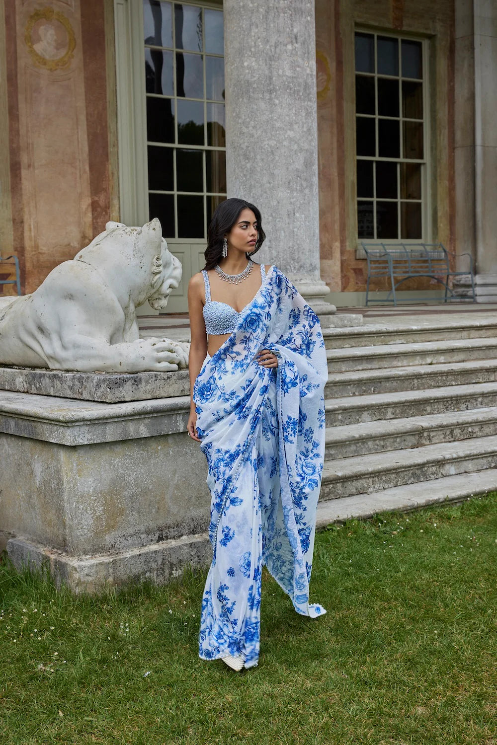 Seema Gujral - Ivory &amp; Blue Sequin Saree
