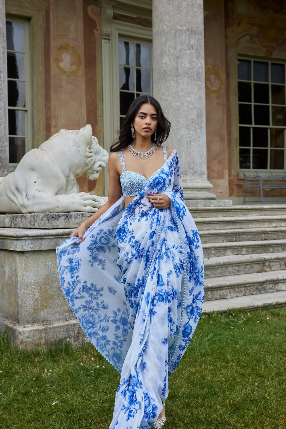 Seema Gujral - Ivory &amp; Blue Sequin Saree