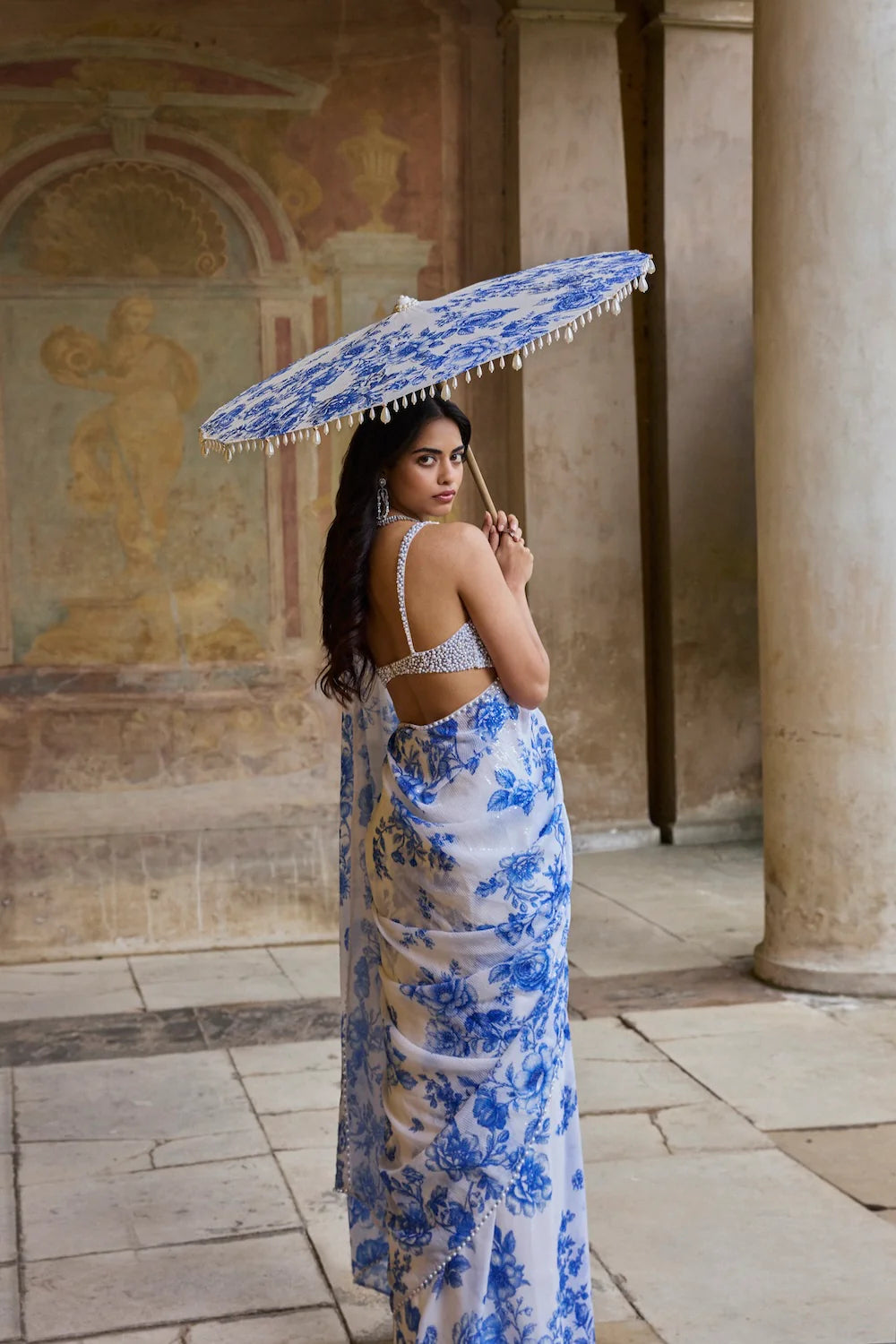 Seema Gujral - Ivory &amp; Blue Sequin Saree