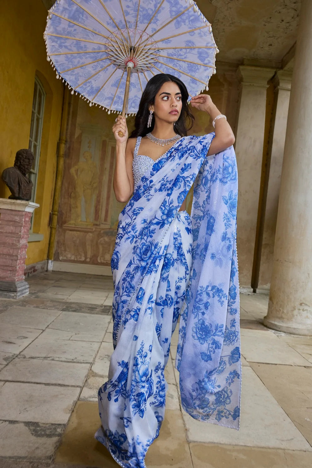 Seema Gujral - Ivory &amp; Blue Sequin Saree