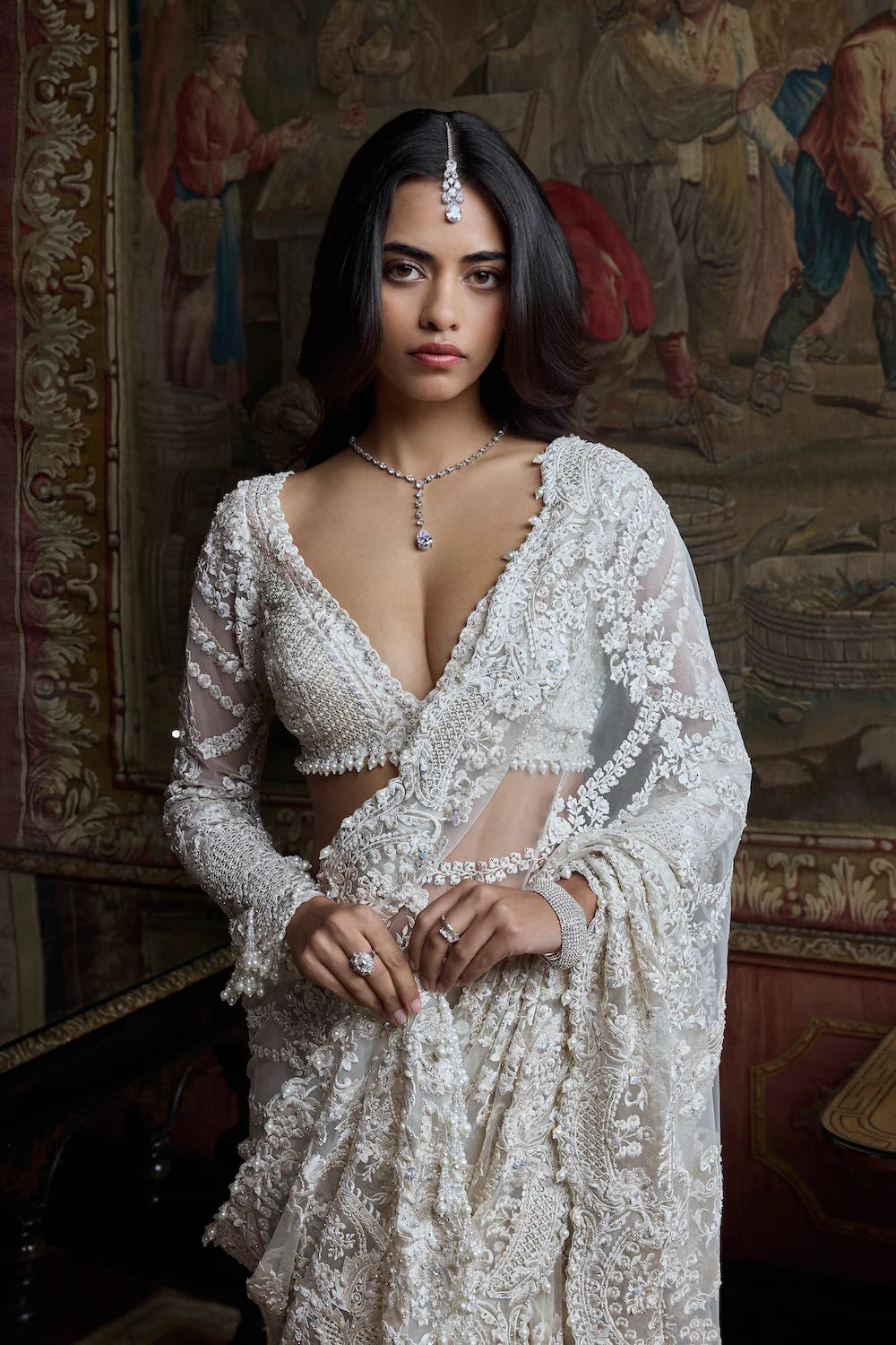 Seema Gujral - Ivory Pearl Sequin Saree