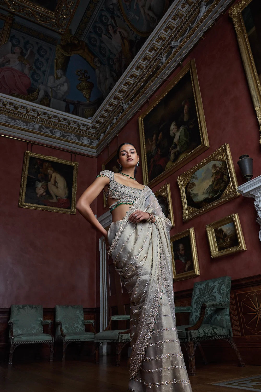 Seema Gujral - Champagne Emerald Crystal Saree