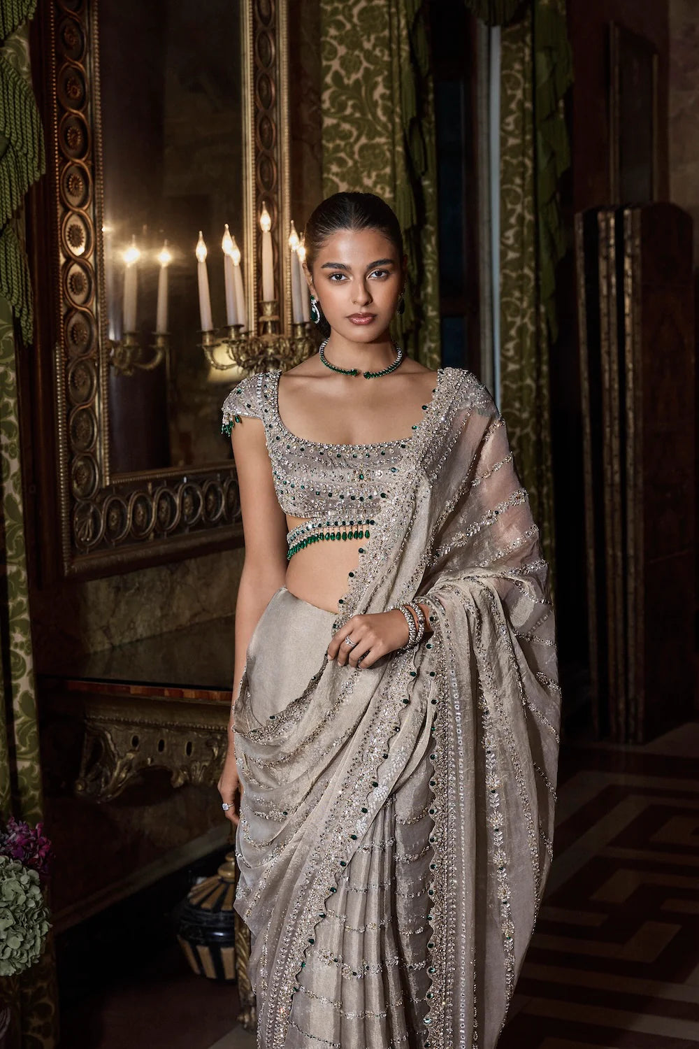 Seema Gujral - Champagne Emerald Crystal Saree