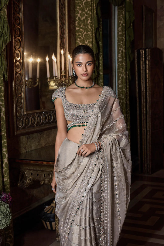 Seema Gujral - Champagne Emerald Crystal Saree