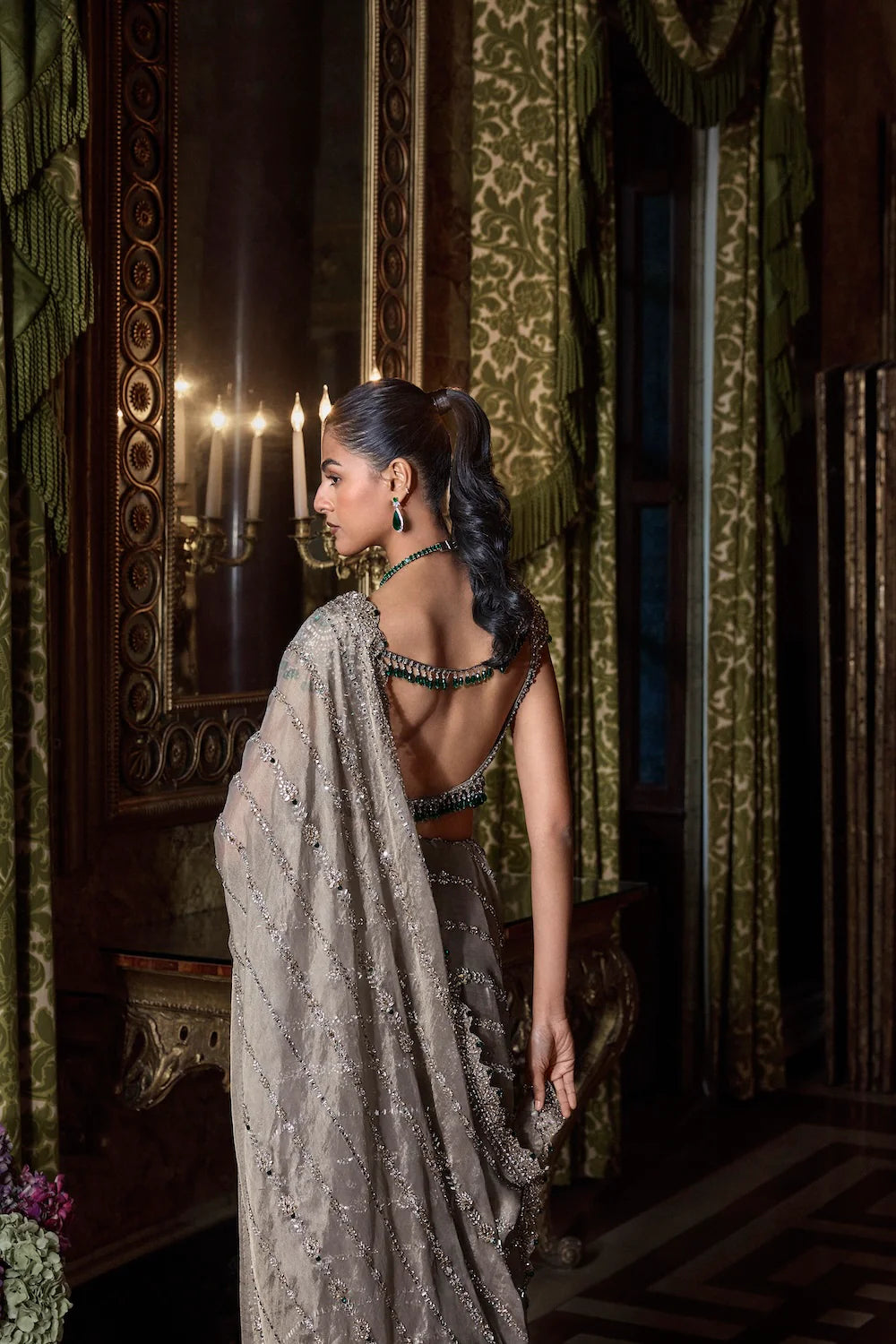 Seema Gujral - Champagne Emerald Crystal Saree