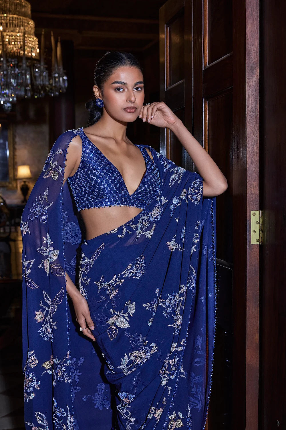 Seema Gujral - Navy Blue Floral Crystal Saree