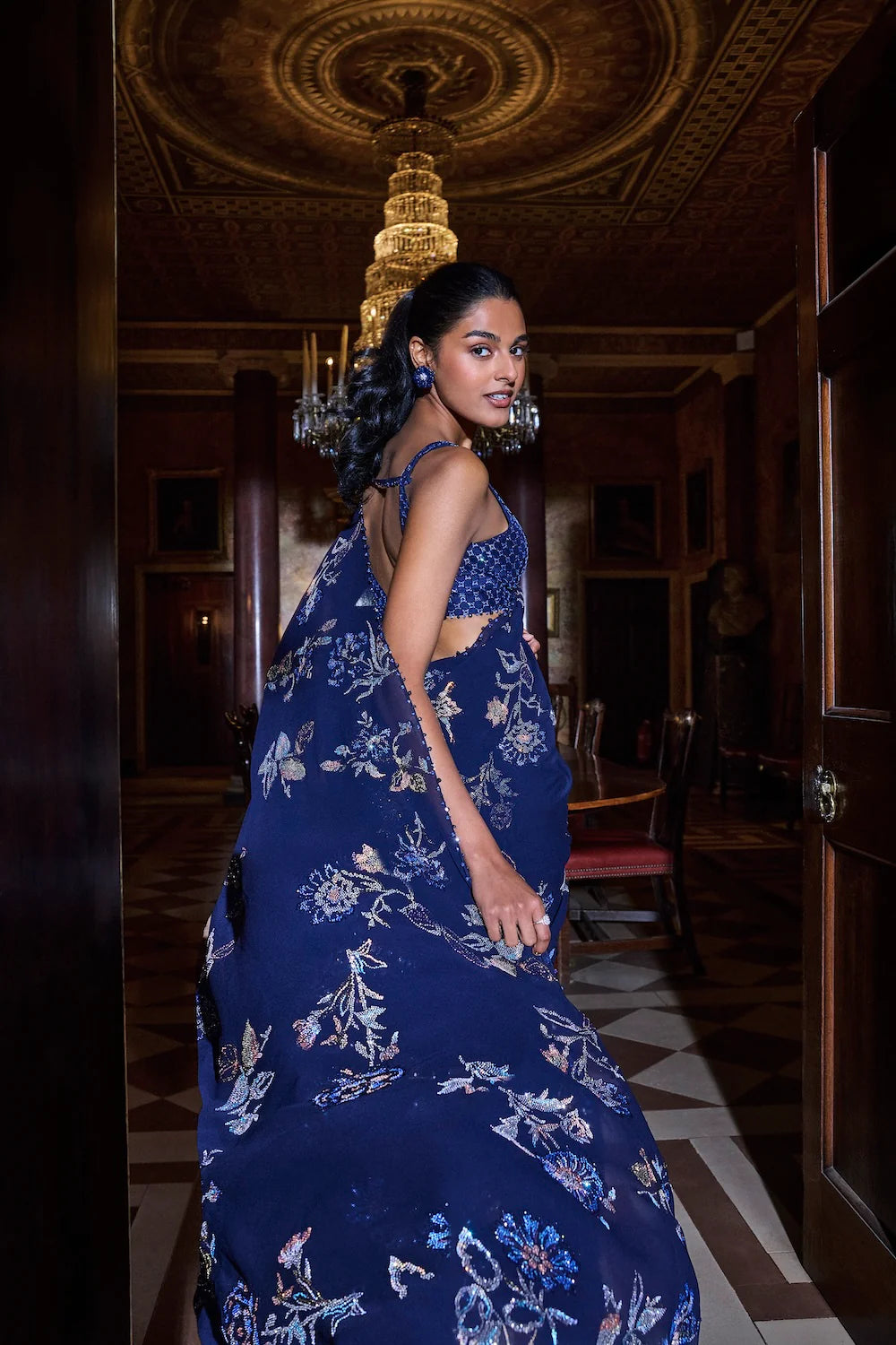 Seema Gujral - Navy Blue Floral Crystal Saree