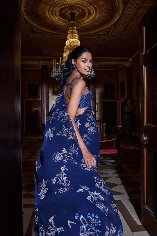 Seema Gujral - Navy Blue Floral Crystal Saree