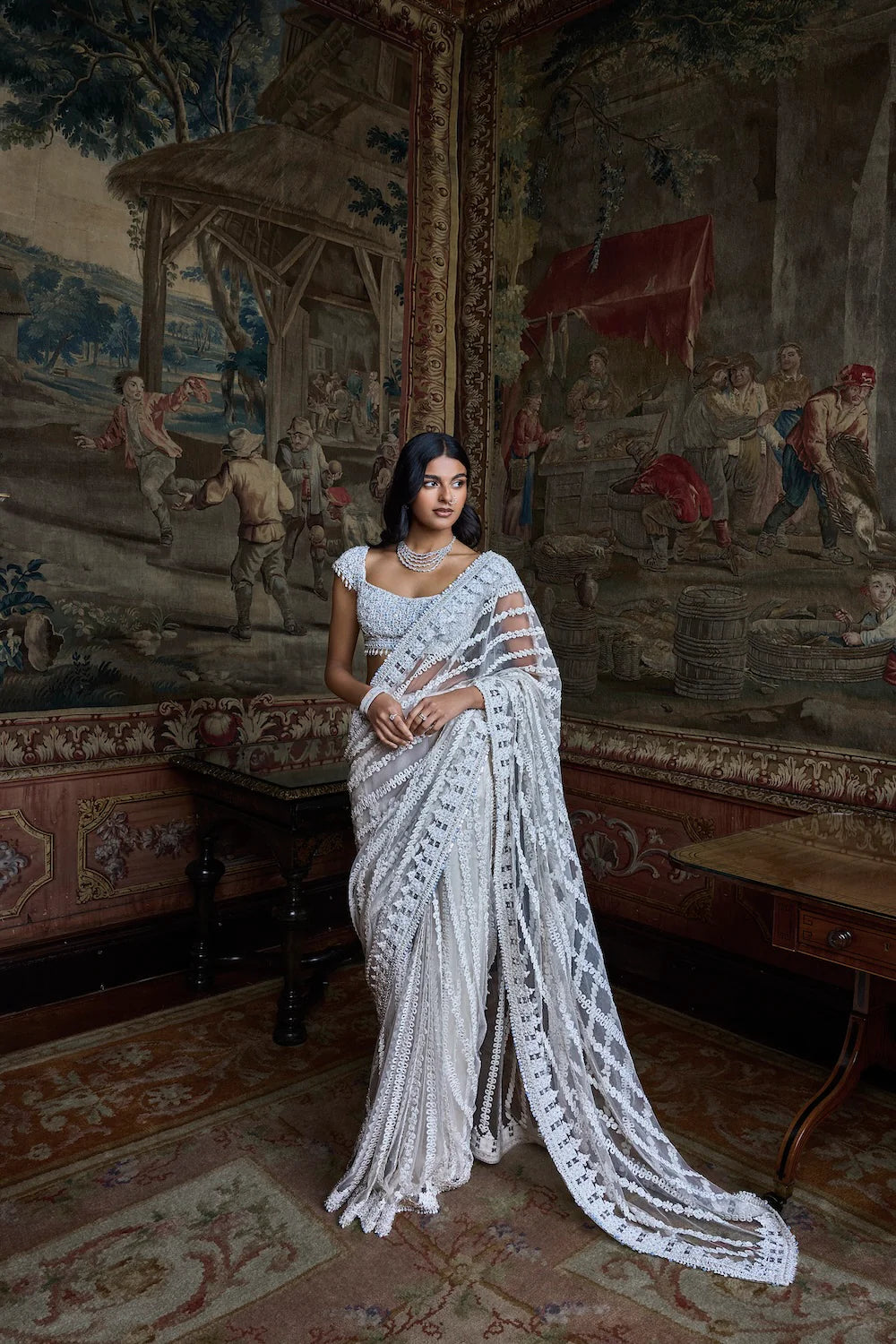 Seema Gujral - Slate Ivory Stripe Saree
