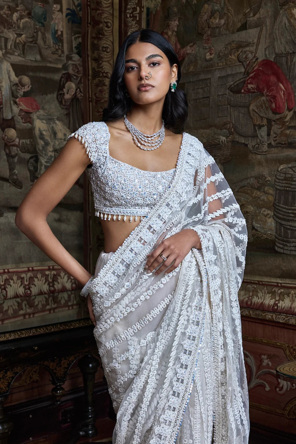 Seema Gujral - Slate Ivory Stripe Saree