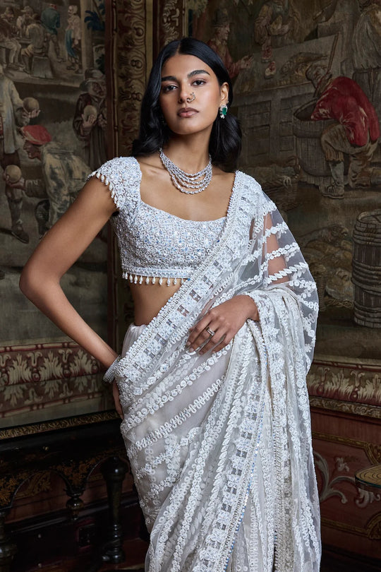 Seema Gujral - Slate Ivory Stripe Saree