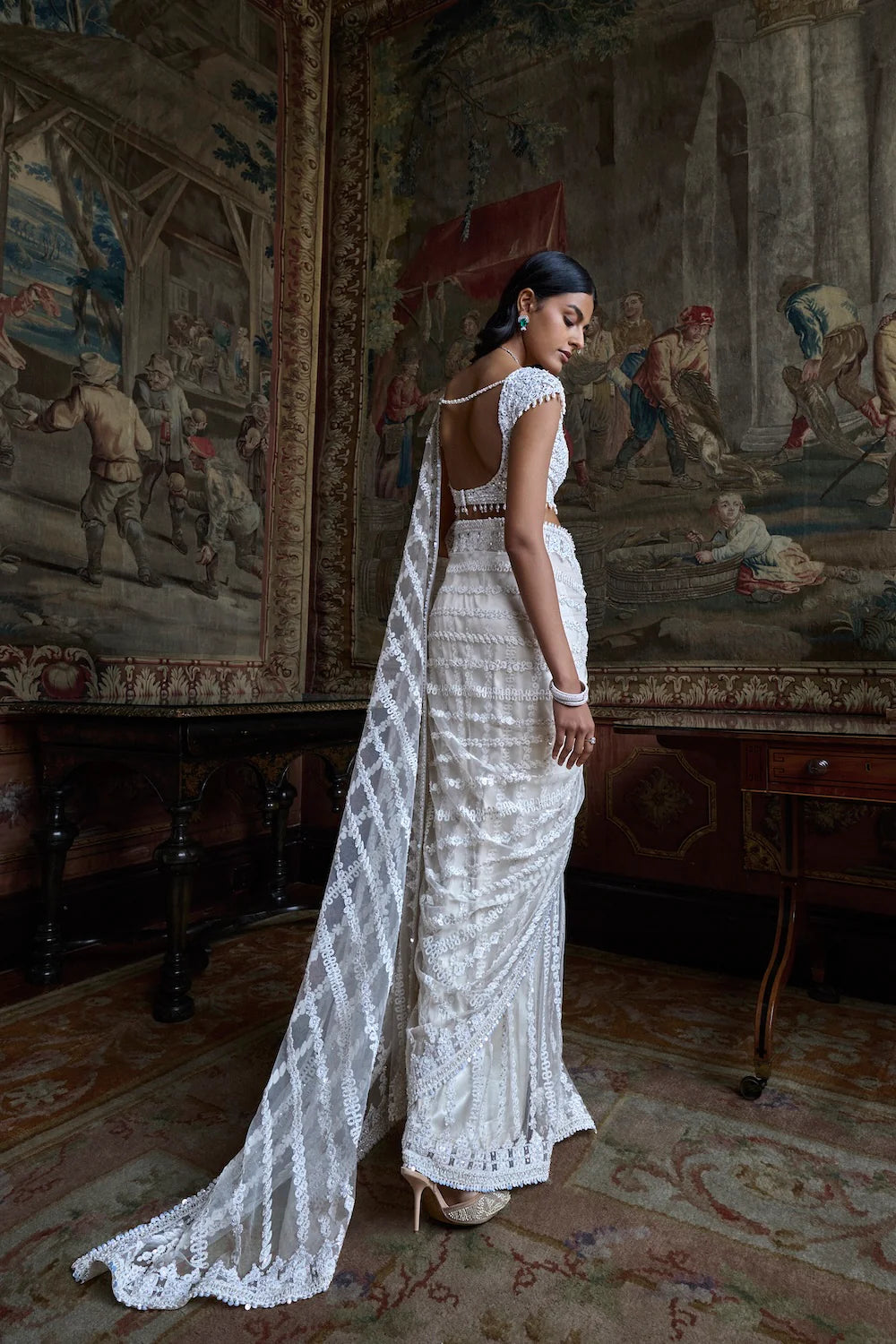 Seema Gujral - Slate Ivory Stripe Saree