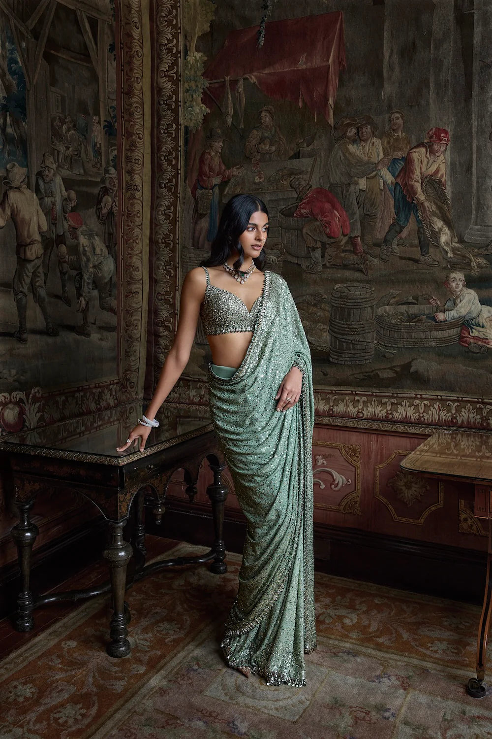 Seema Gujral - Moss Green Sequin Saree