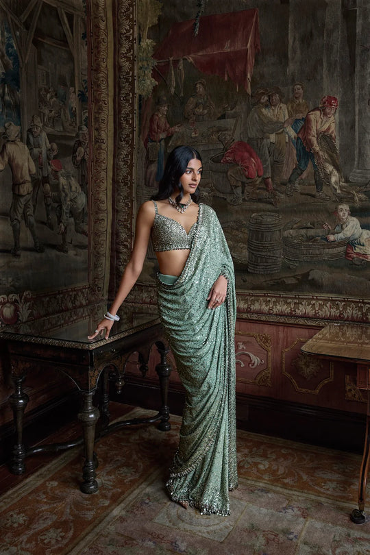 Seema Gujral - Moss Green Sequin Saree