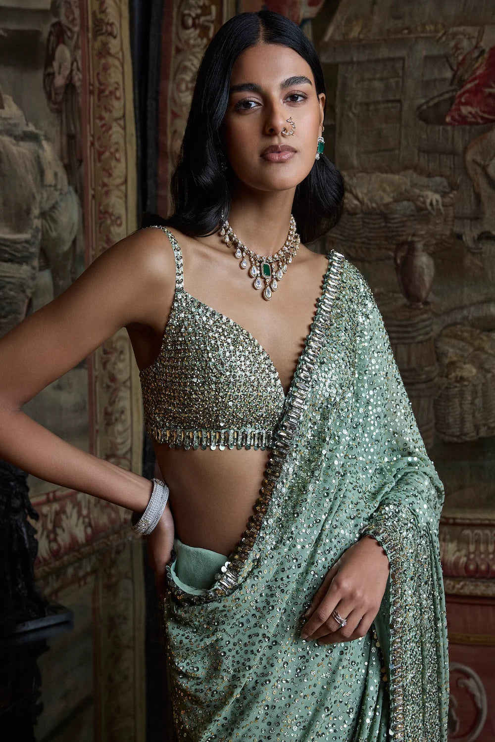 Seema Gujral - Moss Green Sequin Saree