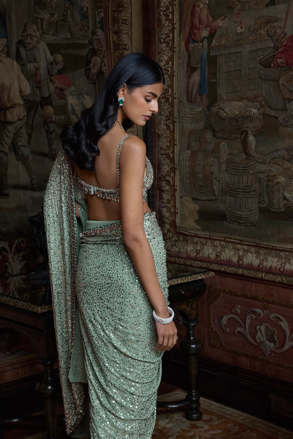 Seema Gujral - Moss Green Sequin Saree