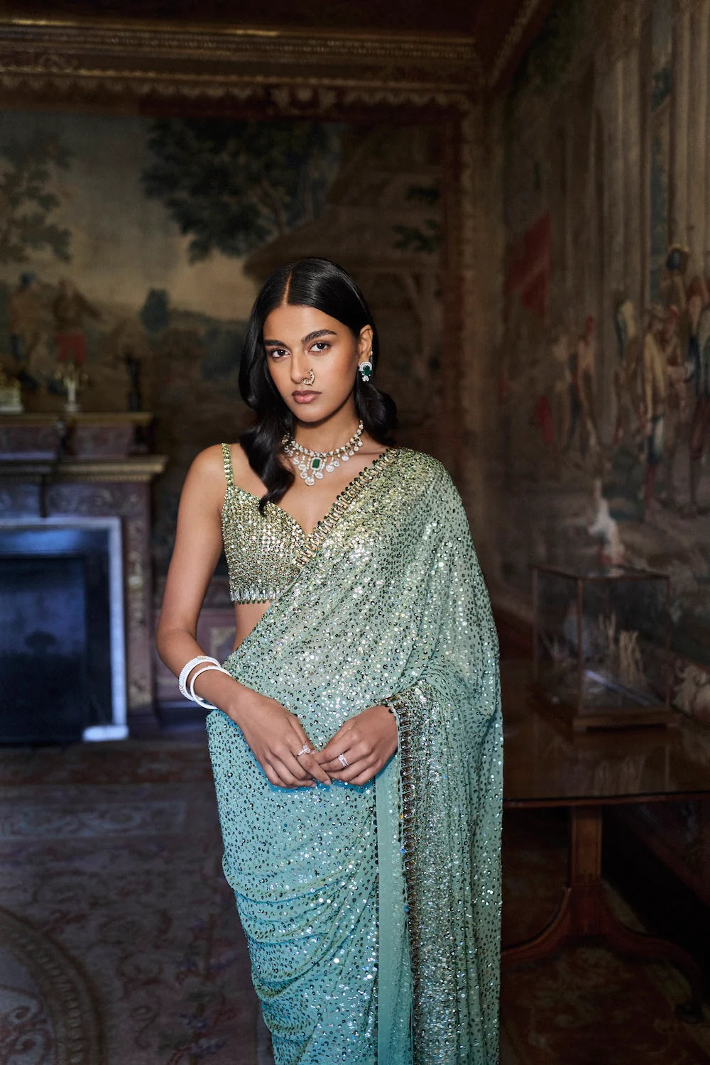 Seema Gujral - Moss Green Sequin Saree