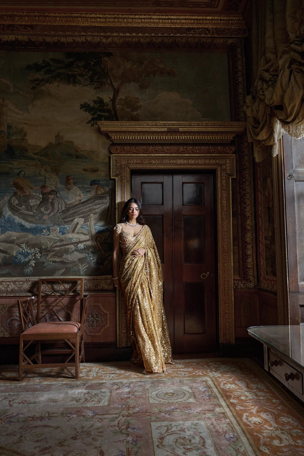 Seema Gujral - Antique Gold Crystal Saree
