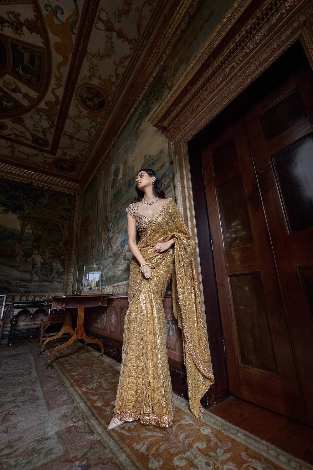 Seema Gujral - Antique Gold Crystal Saree
