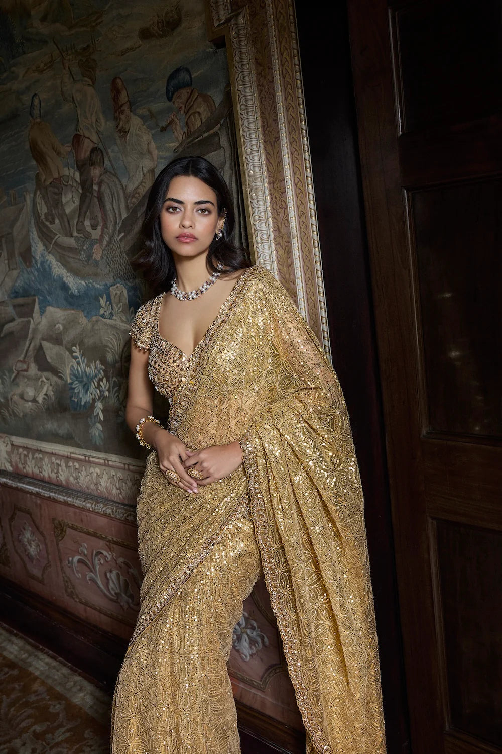 Seema Gujral - Antique Gold Crystal Saree