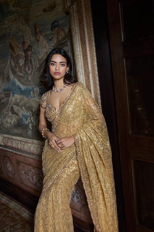 Seema Gujral - Antique Gold Crystal Saree
