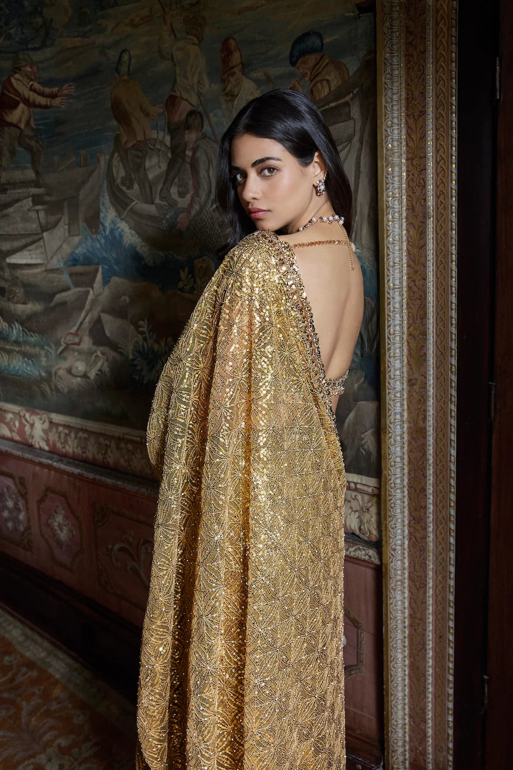 Seema Gujral - Antique Gold Crystal Saree