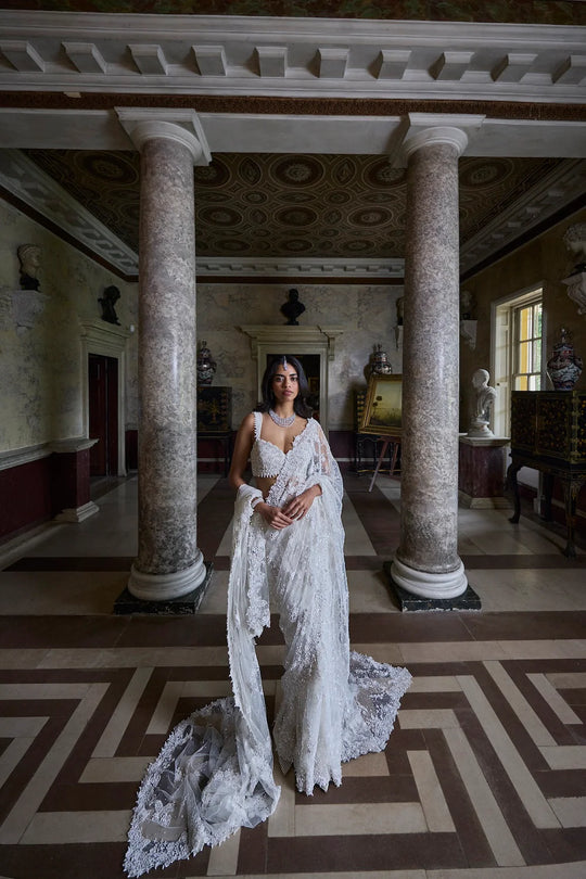 Seema Gujral - Ivory Three-Dimensional Saree