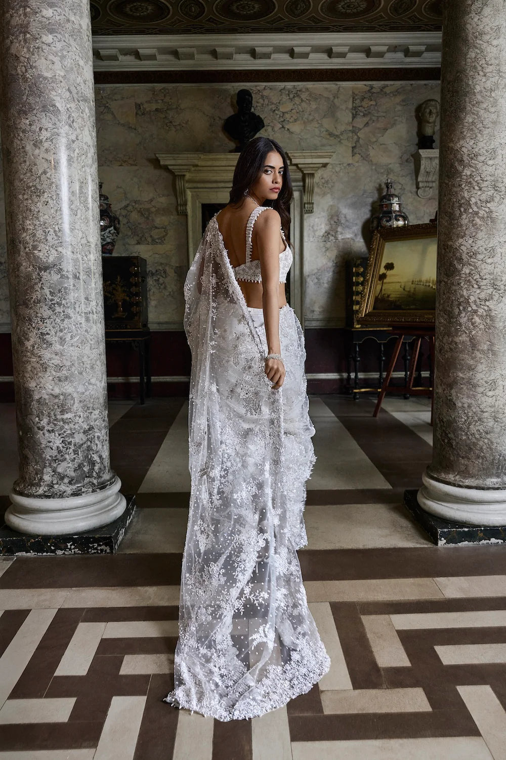 Seema Gujral - Ivory Three-Dimensional Saree