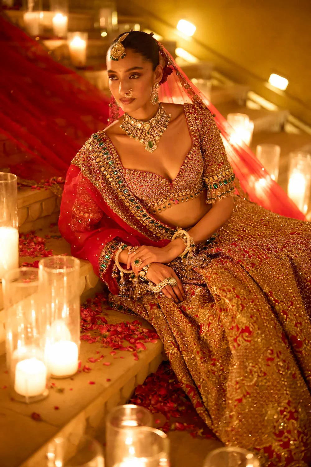Seema Gujral - Red &amp; Emerald Zardosi Lehenga Set