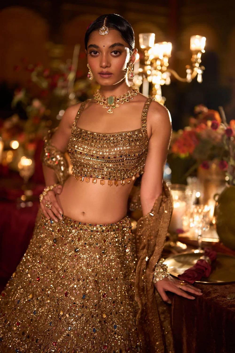 Seema Gujral - Antique Gold Scalloped Lehenga Set