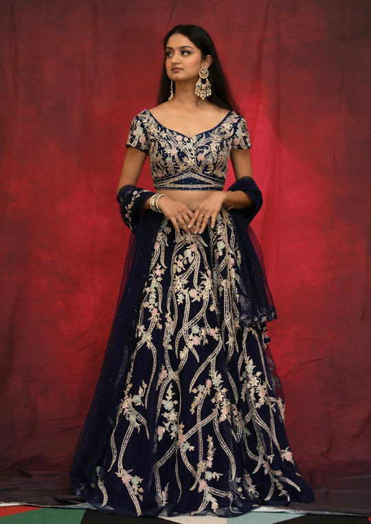 Ishika – Midnight Blossom Embroidered Lehenga