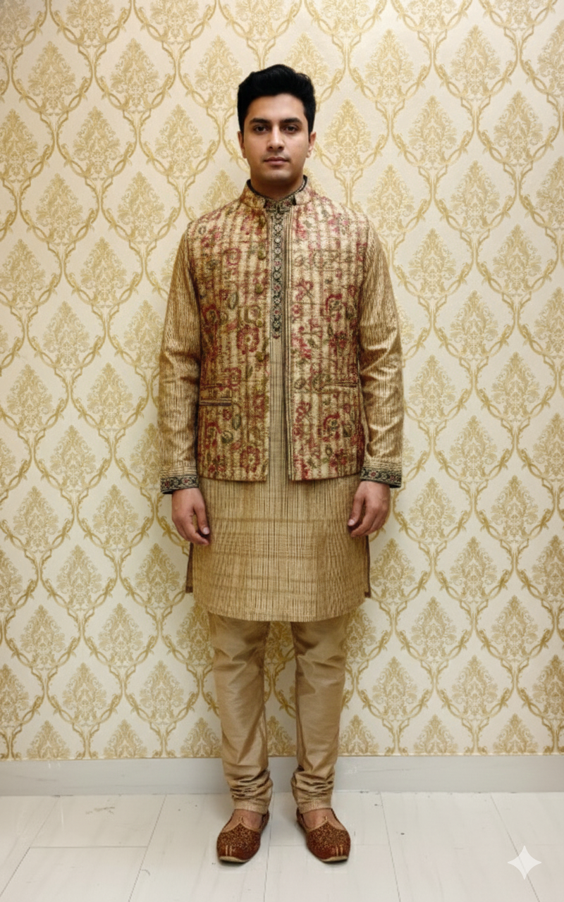 Beige Floral Sherwani Jacket