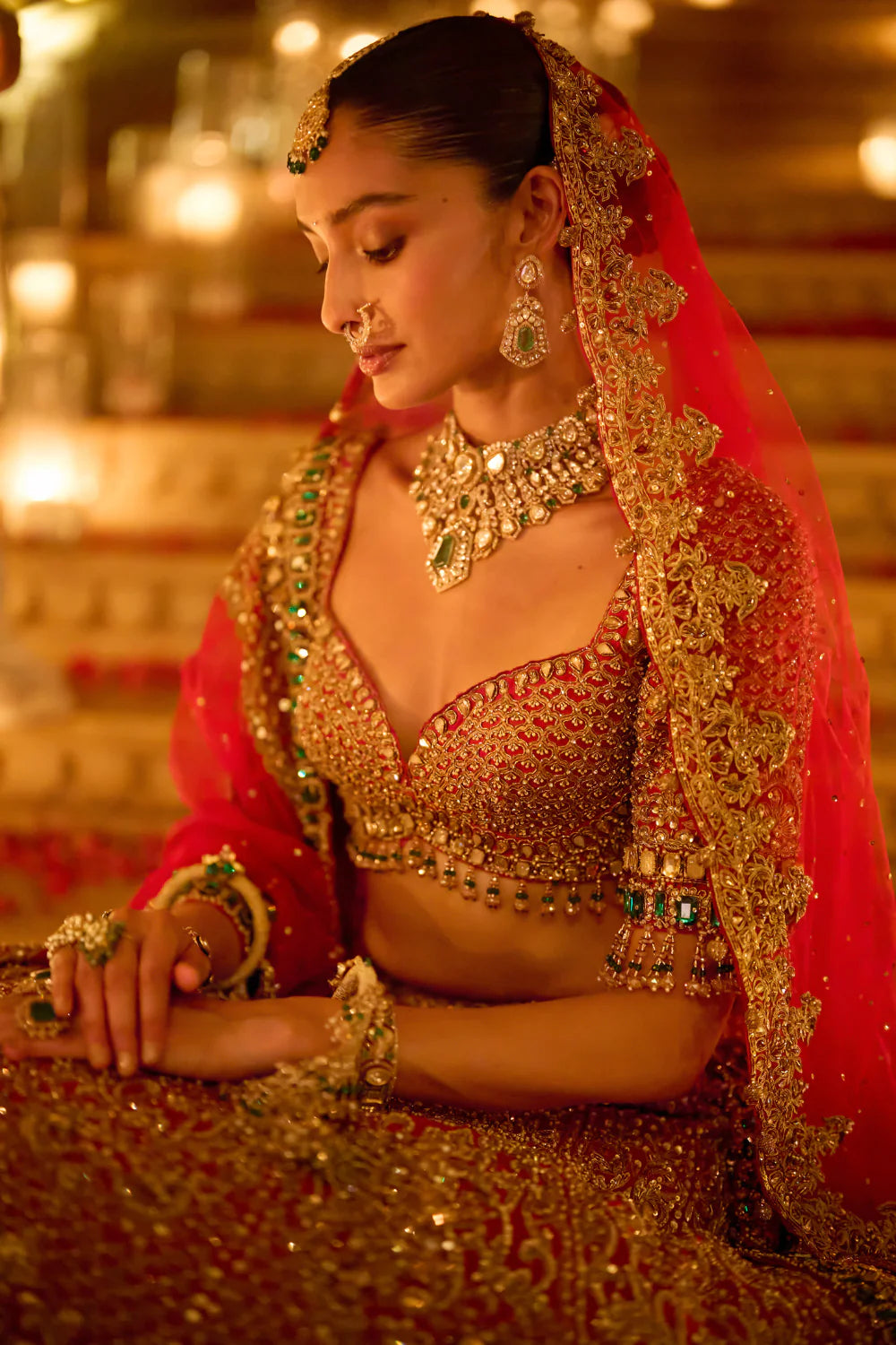 Seema Gujral - Red &amp; Emerald Zardosi Lehenga Set