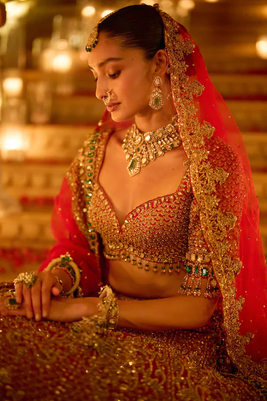 Seema Gujral - Red &amp; Emerald Zardosi Lehenga Set