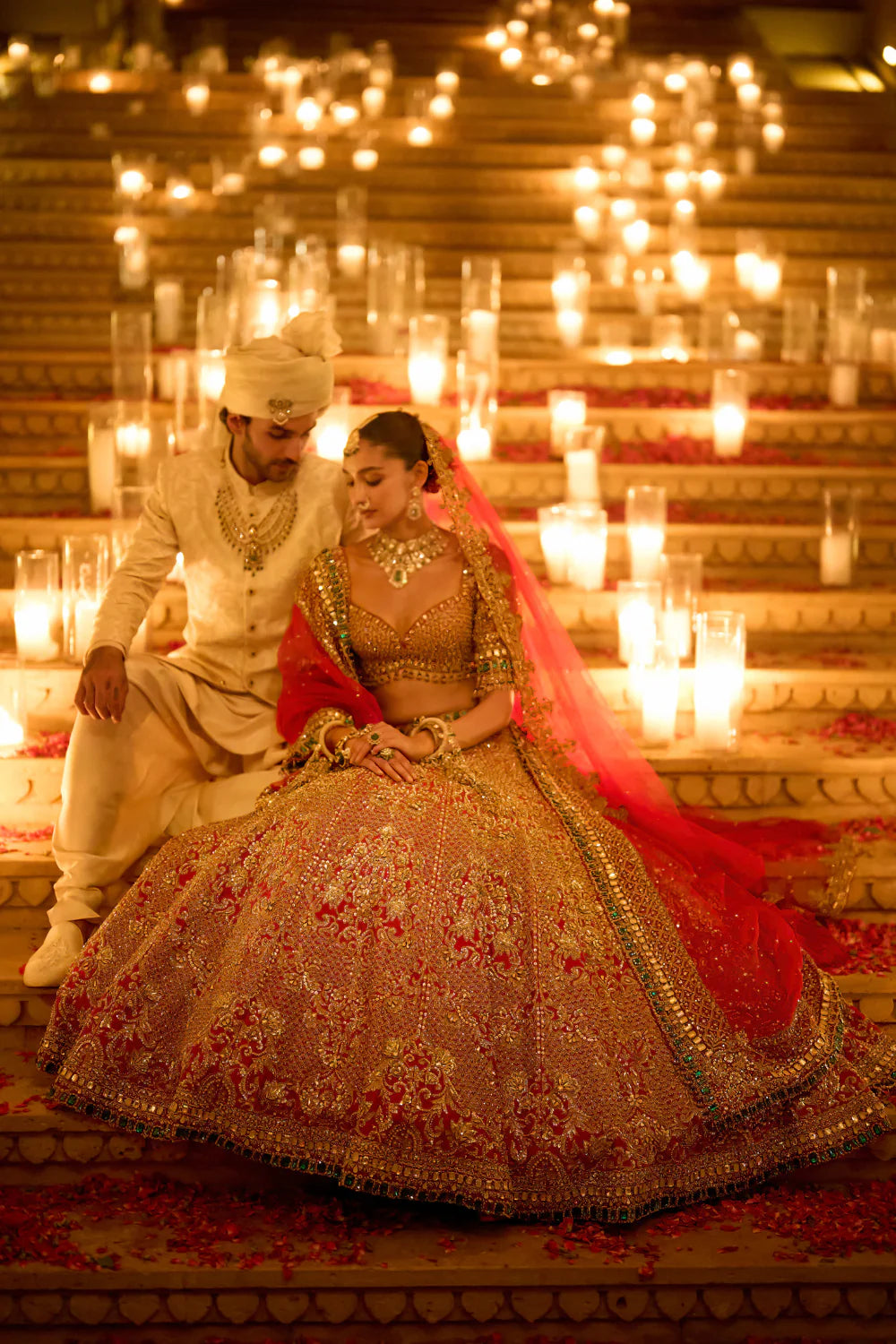 Seema Gujral - Red &amp; Emerald Zardosi Lehenga Set