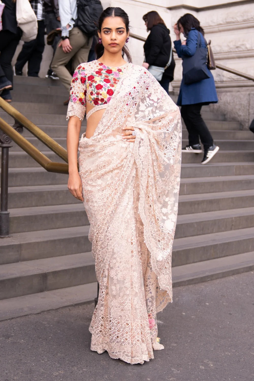 Seema Gujral - Beige Multi-Coloured Thread Work Saree