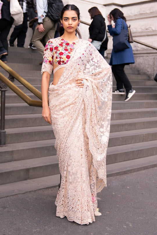 Seema Gujral - Beige Multi-Coloured Thread Work Saree