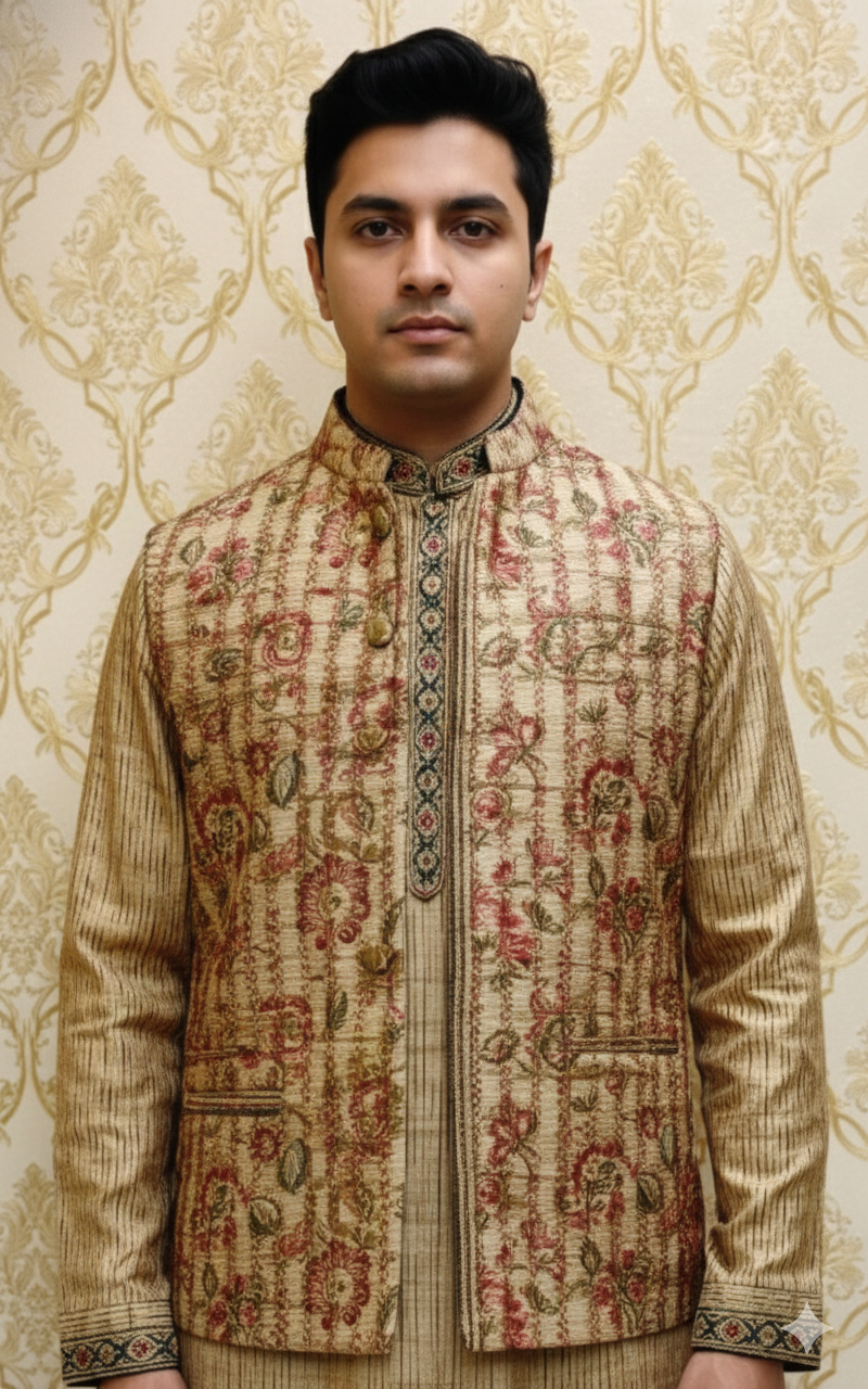 Beige Floral Sherwani Jacket