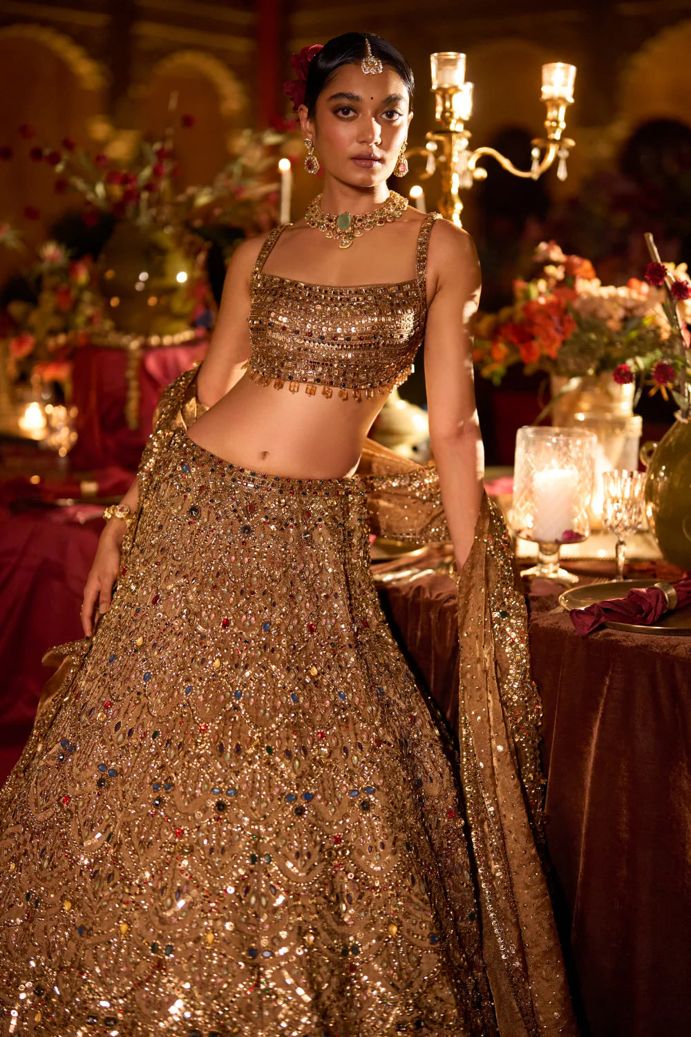 Seema Gujral - Antique Gold Scalloped Lehenga Set