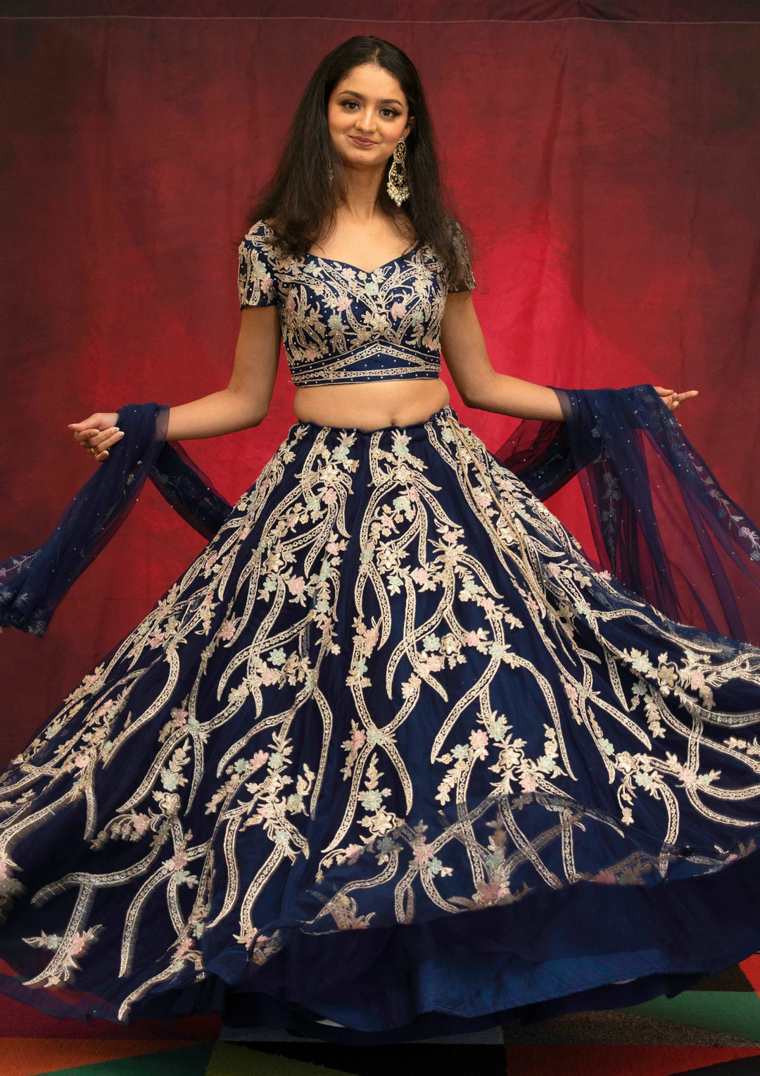 Ishika – Midnight Blossom Embroidered Lehenga