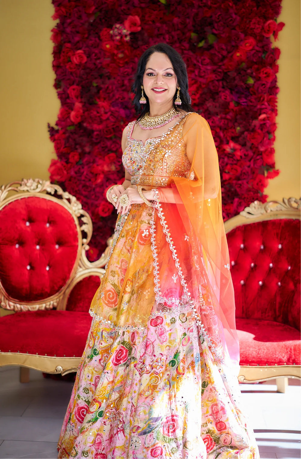 Tia – Sunrise Blossom Hand-Painted Lehenga
