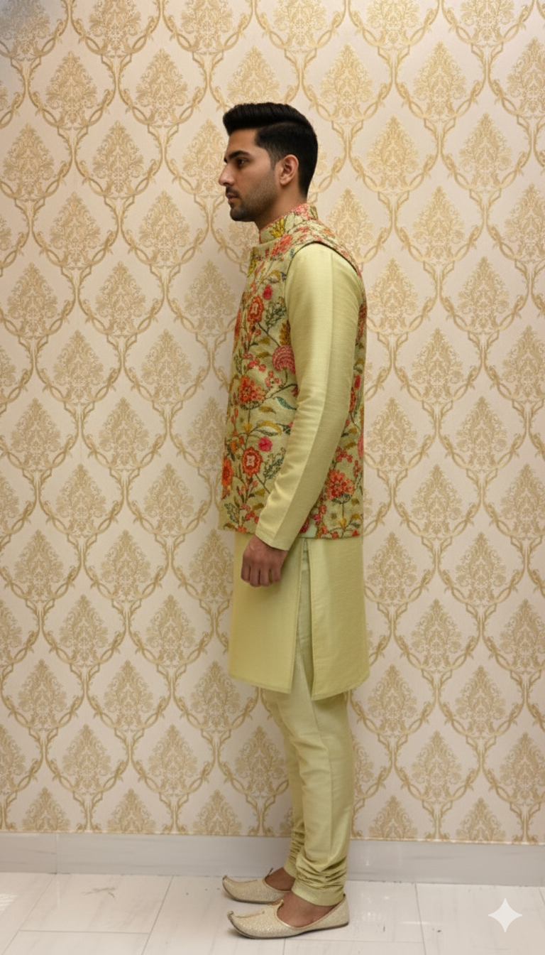 Pistachio Green Kurta &amp; Floral Jacket Set